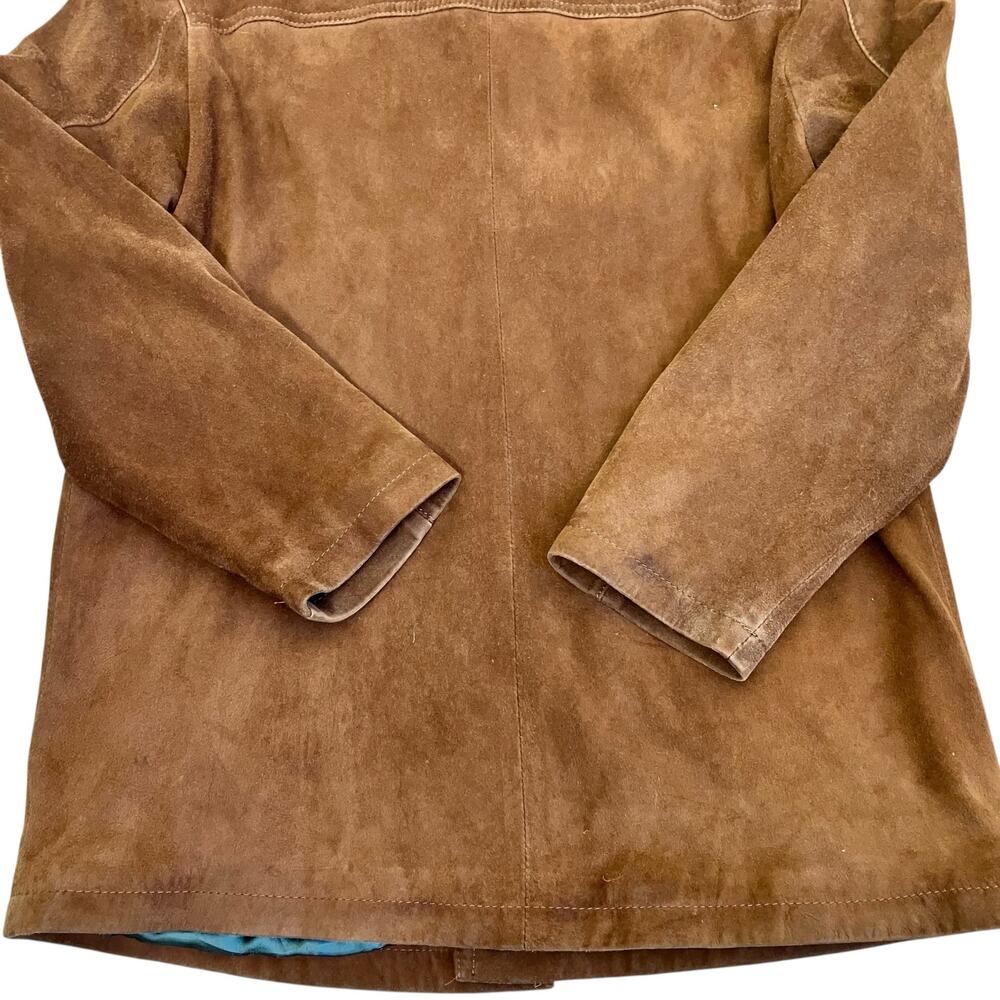 Mens Sz S Vintage 90s Brown Suede Jacket Button Front boxy Fit Hip Length Worn - Picture 13 of 16